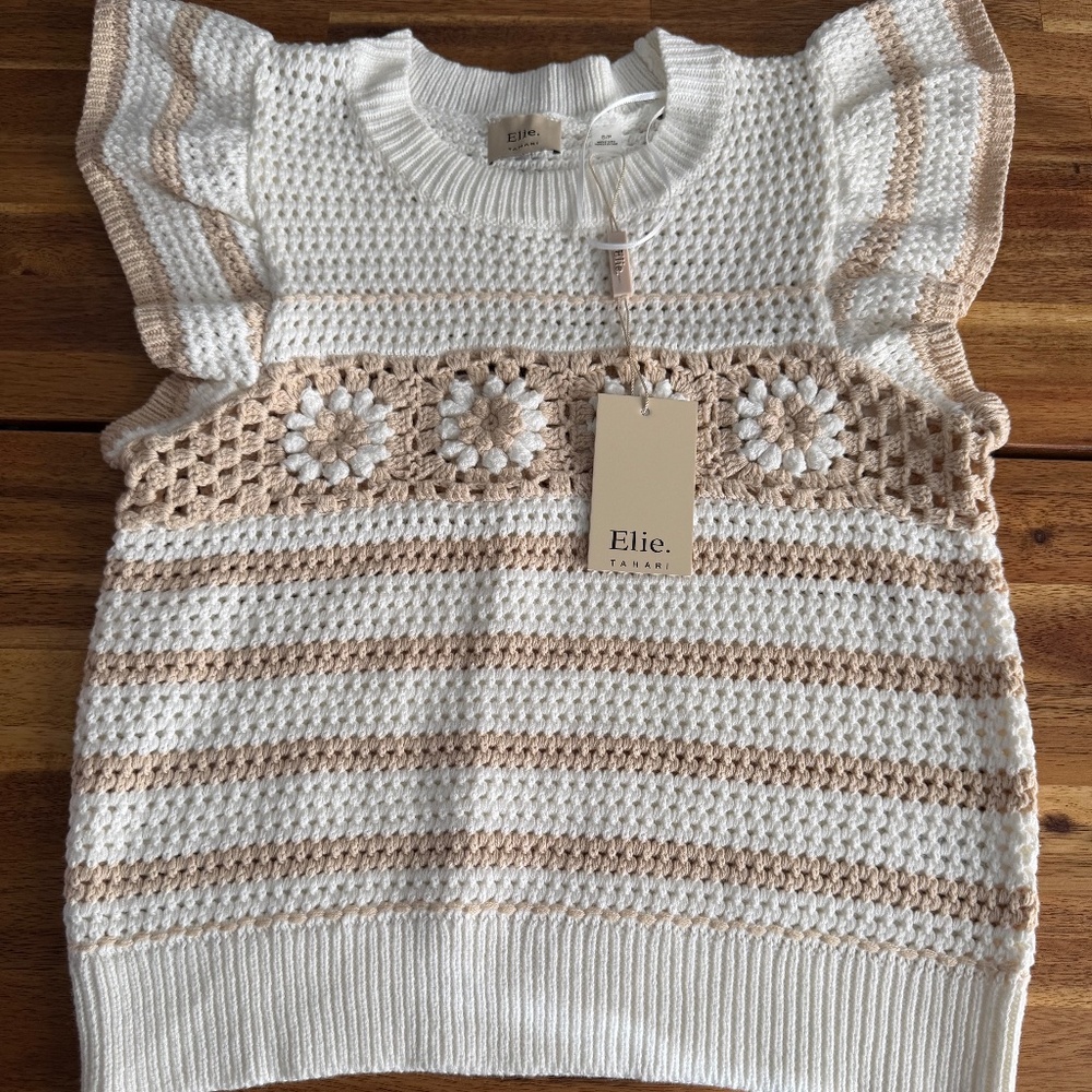 Elie Tahari Boho Crochet Knit Ruffle Tank Top